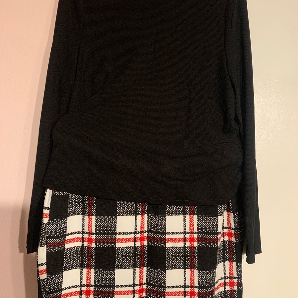 Plaid Black, Red and White Pencil Skirt and Long Sleeve Top